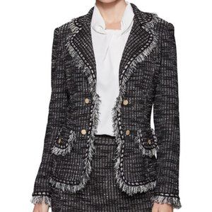 Misook Tweed Fringe Ribbon Trim Black Knit Jacket EUC sz XS